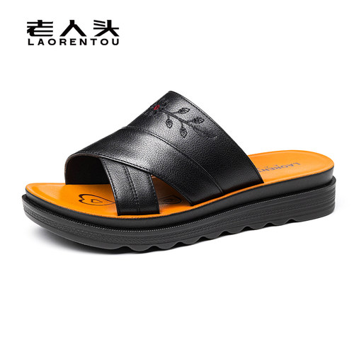 头层牛皮外穿中年妈妈夏季拖鞋