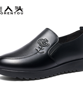 老人头单鞋舒适小皮鞋女真皮软底中老年妈妈鞋休闲平底防滑奶奶鞋