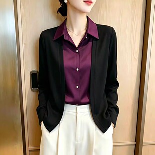 秋季新款拼色翻领假二件长袖衬衫女洋气妈妈装小衫女气质显瘦上衣