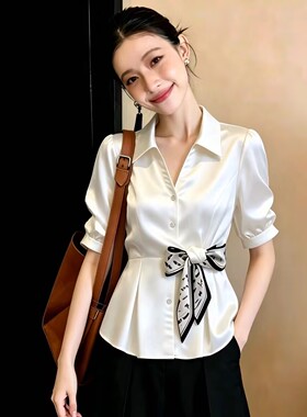 2026夏季新款女士白色衬衫设计感蝴蝶结泡泡五分袖t恤超好看上衣