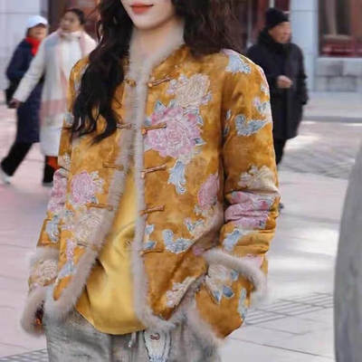 新中式立领盘扣精美印花棉衣外套2025冬季新款国风百搭上衣女唐装