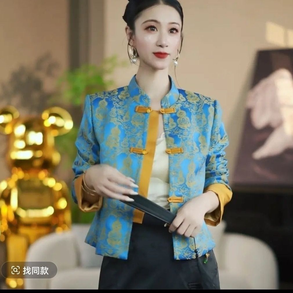 新中式国风提花上衣加厚夹棉外套2025秋冬新款气质复古盘扣小棉衣