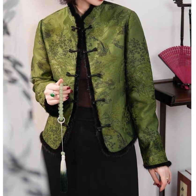 新中式国风女士秋冬外套女装2025年新款绿色提花短款加厚棉服上衣