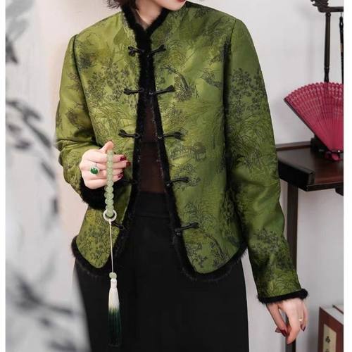 新中式国风女士秋冬外套女装2025年新款绿色提花短款加厚棉服上衣