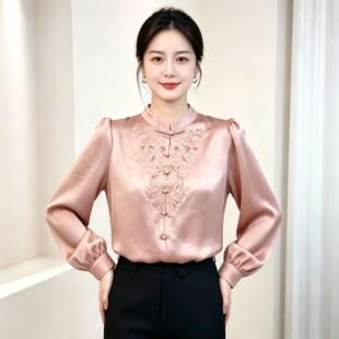 高级缎面柔光刺绣小衫女士秋季新款时尚显瘦通勤立领长袖衬衫爆款