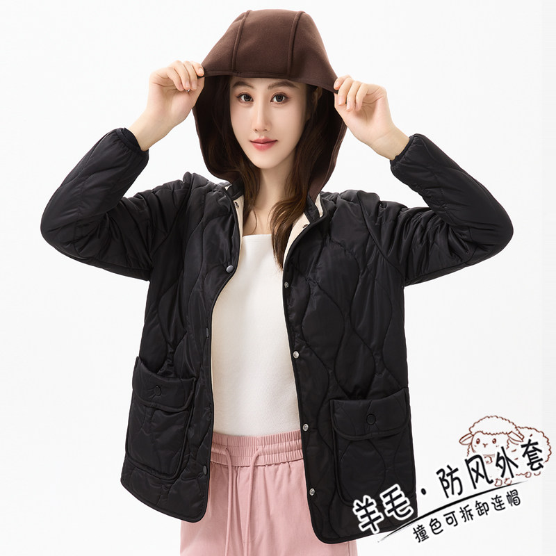 羊毛三防外套女秋冬小棉袄轻便立领帽子棉衣加厚休闲开衫保暖上衣