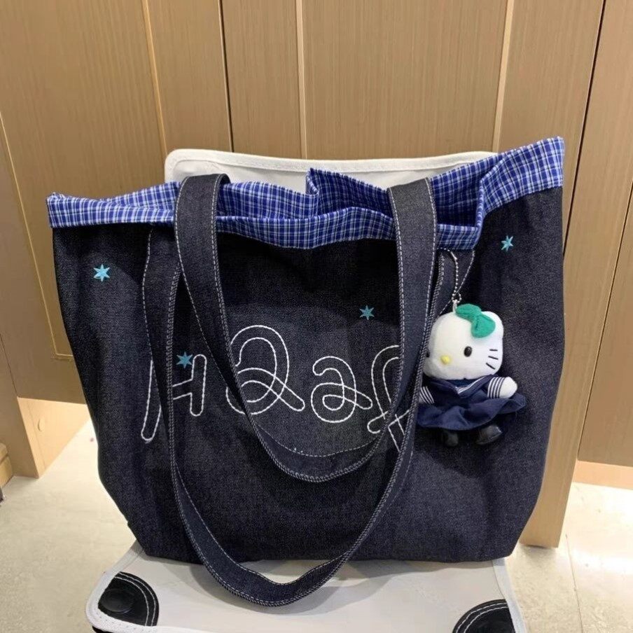 超日系!简约刺绣牛仔帆布包包女