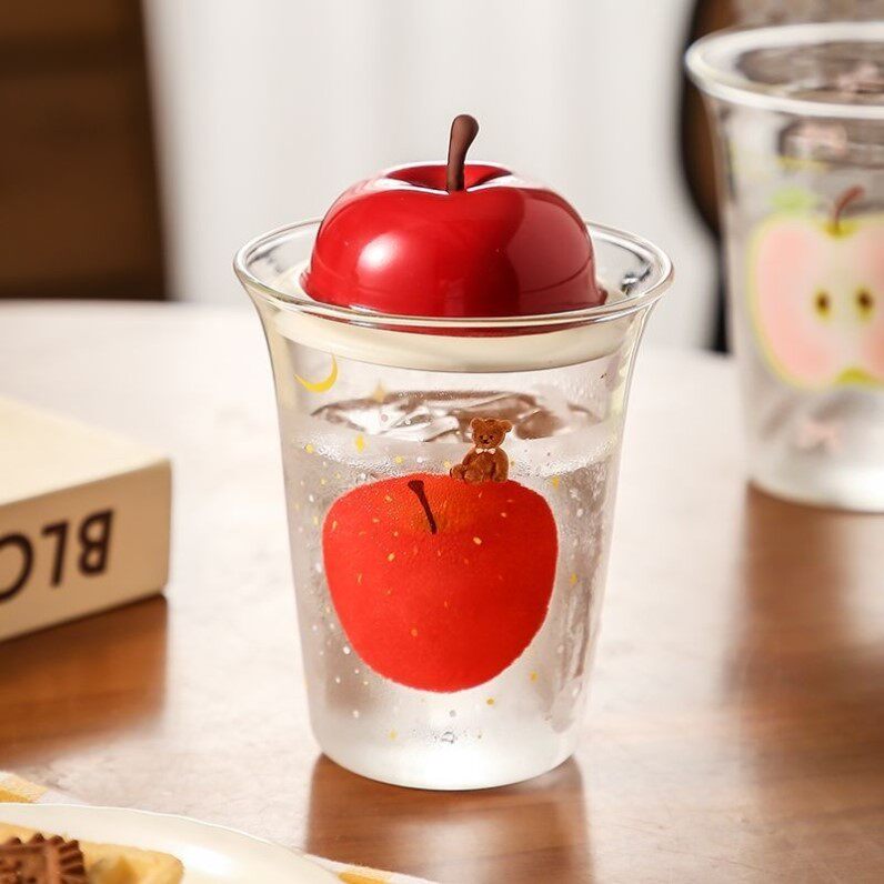 可爱苹果玻璃杯家用高硼硅大容量牛奶咖啡杯陶瓷杯盖情侣吸管杯子