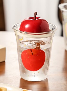 可爱苹果玻璃杯家用高硼硅大容量牛奶咖啡杯陶瓷杯盖情侣吸管杯子