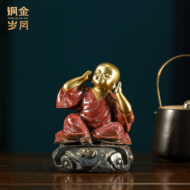 铜金岁月勿视勿听勿语不听不看不说禅意小和尚铜摆件工艺品铜器