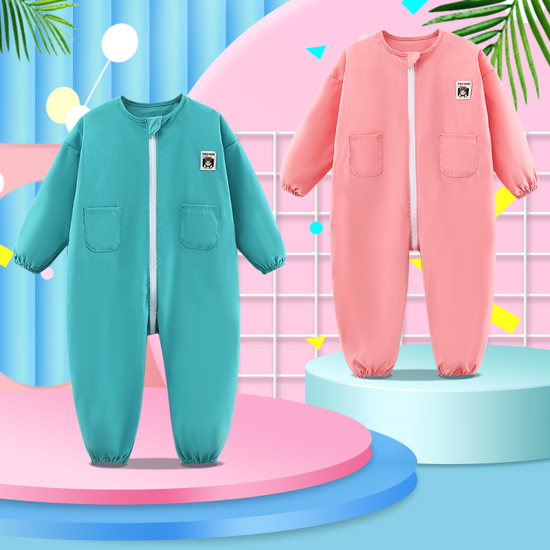 儿童连体罩衣外穿防脏爬行服宝宝护衣全身防水男女宝长袖薄款哈衣