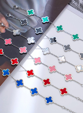 不掉色钛钢四叶草手链女in潮小众气质银色手饰网红外贸热销饰品