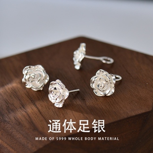银耳环9999纯银女正品 山茶花养耳洞防过敏耳钩耳饰 千足银耳钉新款