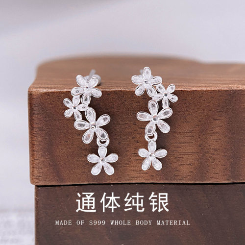 S999纯银耳环高级感素银繁花耳钉养耳洞睡觉免摘耳饰品防过敏精致