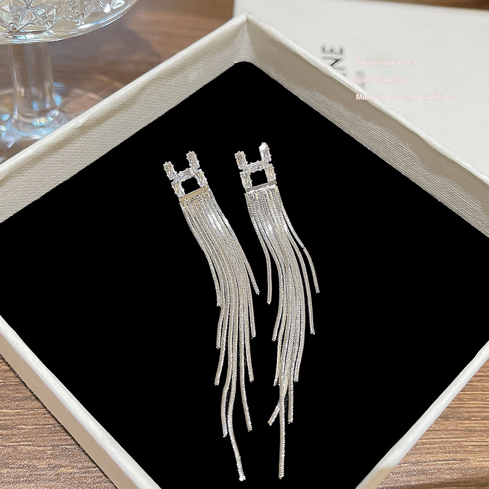 韩版锆石字母流苏耳环轻奢高级感气质耳钉小众设计感长款耳饰