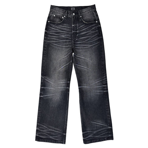 B72 原创潮牌【黑水鬼】牛王水洗做旧手工立体猫须牛仔裤男女夏季