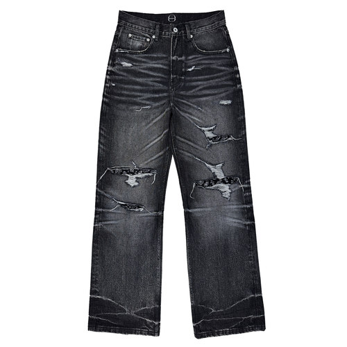 B72 原创潮牌【黑腰果花】牛王水洗做旧破坏立体猫须牛仔裤男女夏