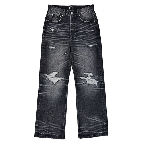 B72 原创潮牌【黑悟空】牛王水洗做旧大破坏立体猫须牛仔裤男女夏