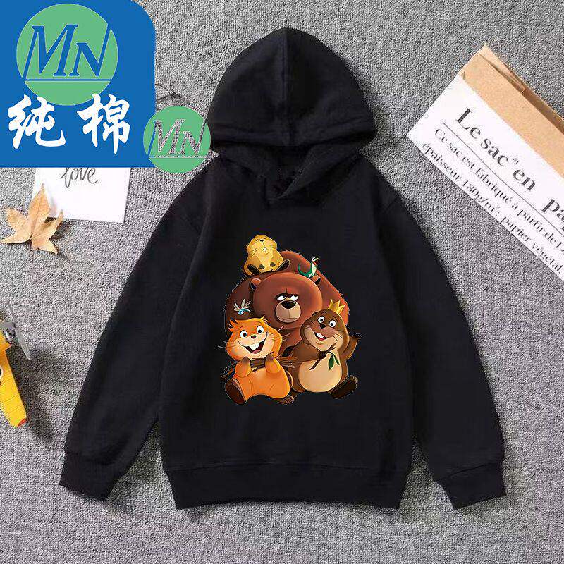 纯棉MN河狸变身计划男女儿童秋冬新款连帽卫衣印花图案搞怪表情包