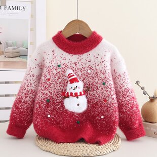 加厚女童水貂加绒毛衣儿童秋冬新款针织衫洋气圣诞打底拜年服红色