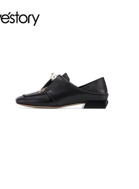 westory秋季2024新款牛皮方头珍珠低跟单鞋女英伦风75281