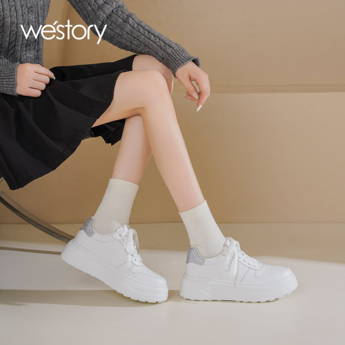 westory2026秋季新款春夏新款休闲厚底小白鞋女百搭系带板鞋舒适