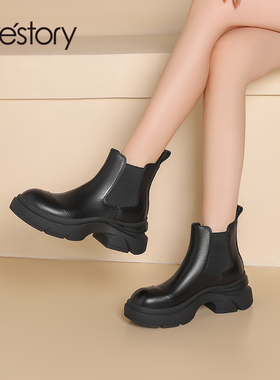westory2024秋冬新款英伦风粗跟厚底马丁靴简约百搭弹力靴女