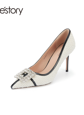 westory2024春季新款小香风时尚方扣高跟鞋气质细高跟婚鞋女57151
