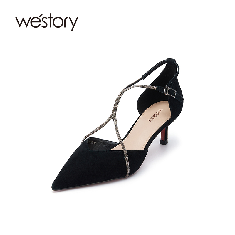 westory2024春季新款细闪钻条缠绕法式细跟侧空时装凉鞋外穿56851