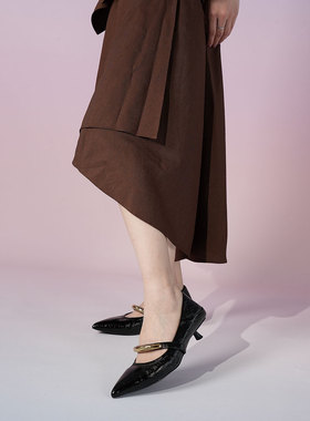 westory 2025新款尖头细跟中跟鞋女浅口玛丽珍单鞋