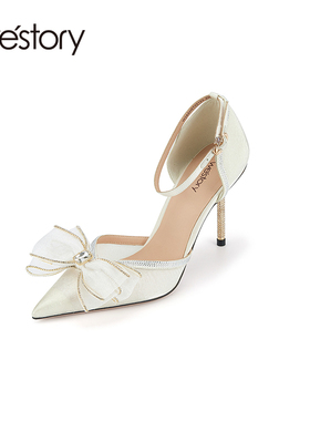westory2024春季新款轻盈闪耀尖头高跟鞋细跟包头蝴蝶结凉鞋57221
