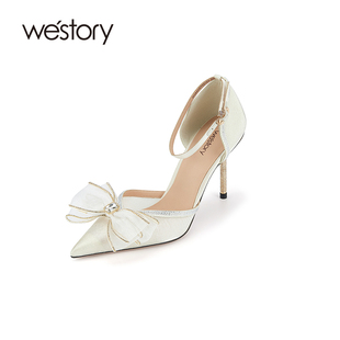 westory2024春季新款轻盈闪耀尖头高跟鞋细跟包头蝴蝶结凉鞋57221
