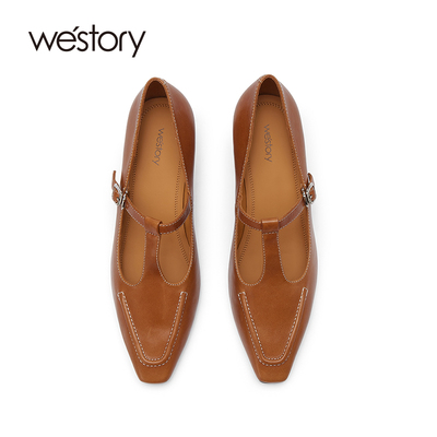 westory2024秋季新款复古真皮T字带尖头粗跟高跟玛丽珍法式单鞋女