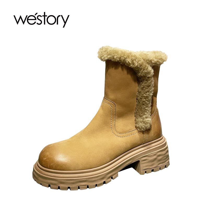 westory2023年秋冬新款加绒加厚长款雪地靴厚绒毛平底真皮棉鞋
