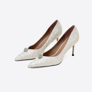 Westory 2025新款尖头细跟高跟鞋女蕾丝拼接亮片婚鞋浅口单鞋