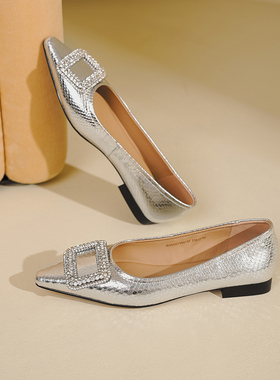 westory2025新款浅口尖头方扣优雅舒适平底单鞋