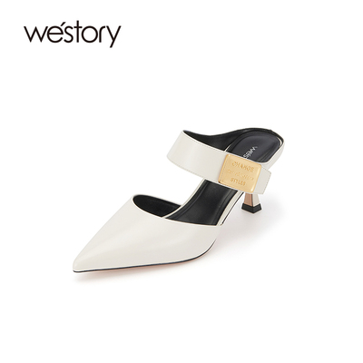 westory2024春季新款尖头高跟穆勒拖法式扣饰气质包头凉鞋女57291