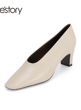 westory2024春季新款极简静奢小斜方头奶奶鞋56571