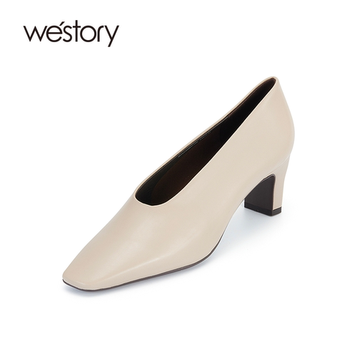 westory极简静奢斜方头奶奶鞋