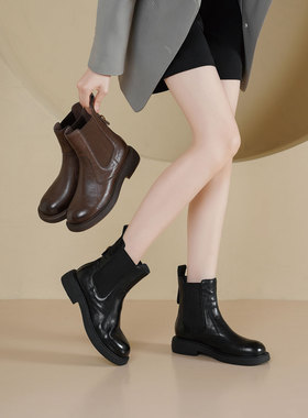 westory西部牛仔靴2025新款秋冬粗跟短靴女英伦风马丁靴切尔西靴