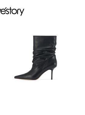westory羊皮细跟堆堆靴女短靴2024秋冬新品复古气质尖头高跟84331