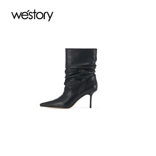 westory羊皮细跟堆堆靴女短靴2024秋冬新品复古气质尖头高跟84331