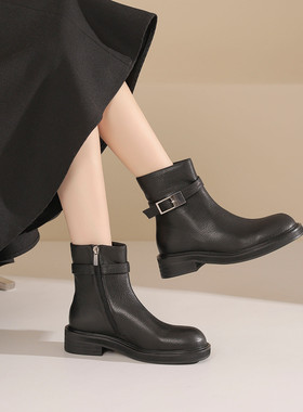 westory2025冬季新款高级感皮带扣时装靴百搭休闲皮质短靴女84761