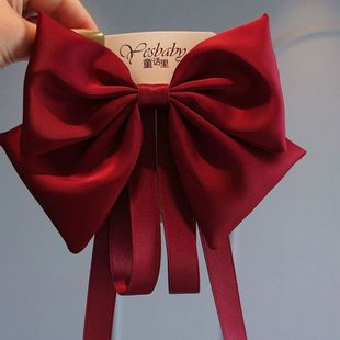 兒童紅色綢緞蝴蝶結(jié)發(fā)夾飄帶頭飾女童后腦勺夾子女孩發(fā)飾公主發(fā)卡