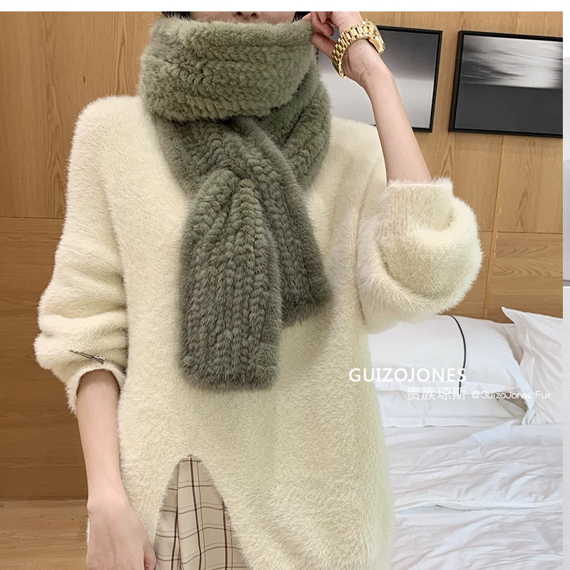 贵族琼斯 水貂毛编织皮草围巾 女冬长款貂皮围巾双面保暖大围脖