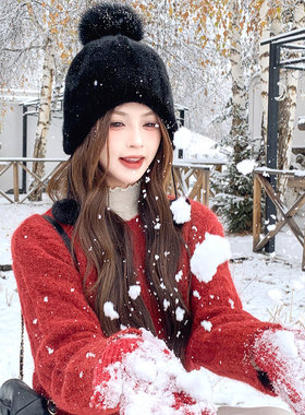水貂毛护耳小球球帽甜美可爱