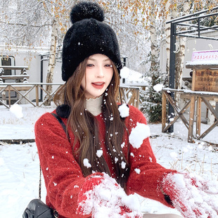 清仓几个  水貂毛皮毛一体护耳保暖帽狐狸毛球雷锋帽皮草帽子女冬