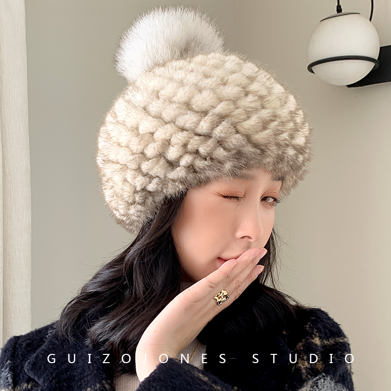 清仓3个 女士冬季新款水貂毛编织皮草帽子菠萝贝雷帽护耳保暖可爱