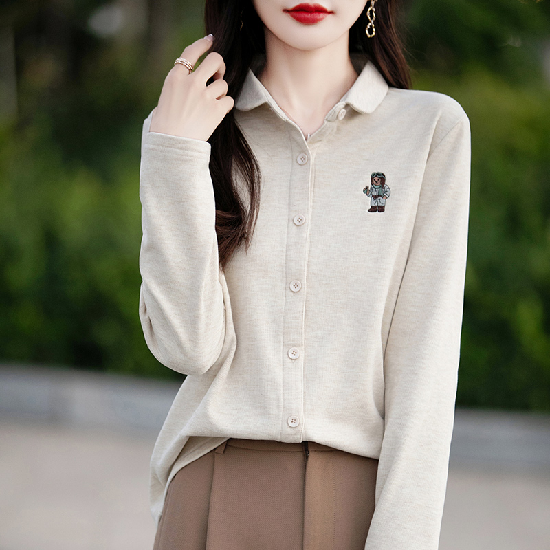 秋冬2025新款时尚刺绣衬衫领打底衫女双面绒简约休闲上衣1129z