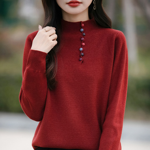 宽松外穿休闲打底1221k1 别致感彩扣半高领针织衫 秋冬女打底衫 新款